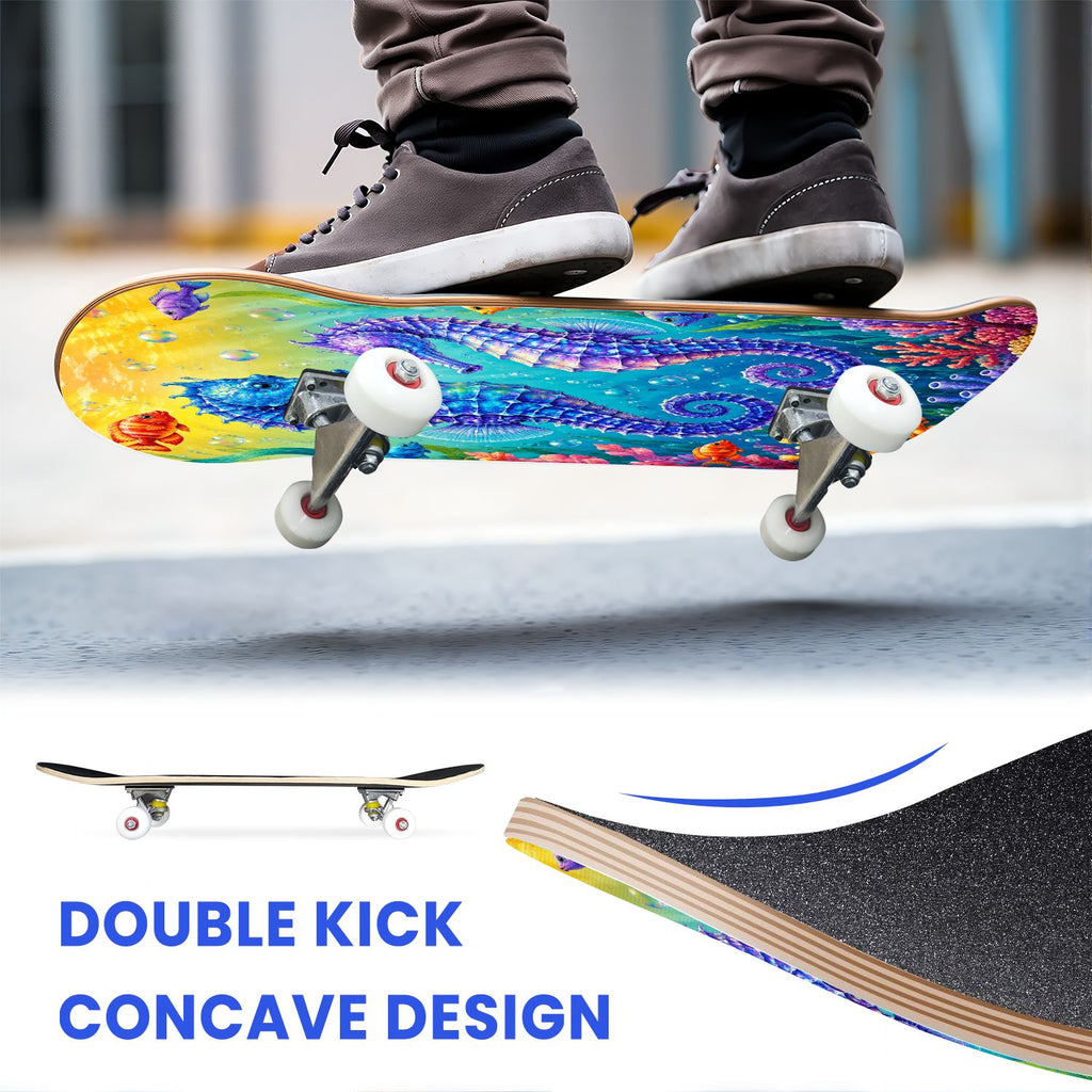 31"x8" Complete Skateboards for Beginners, Colorful Cosmic Octopus Tentacles Starry Marine Life Double Kick 7 Ply Canadian Maple Deck Skateboard with Wheels, Gifts for Kids Teens