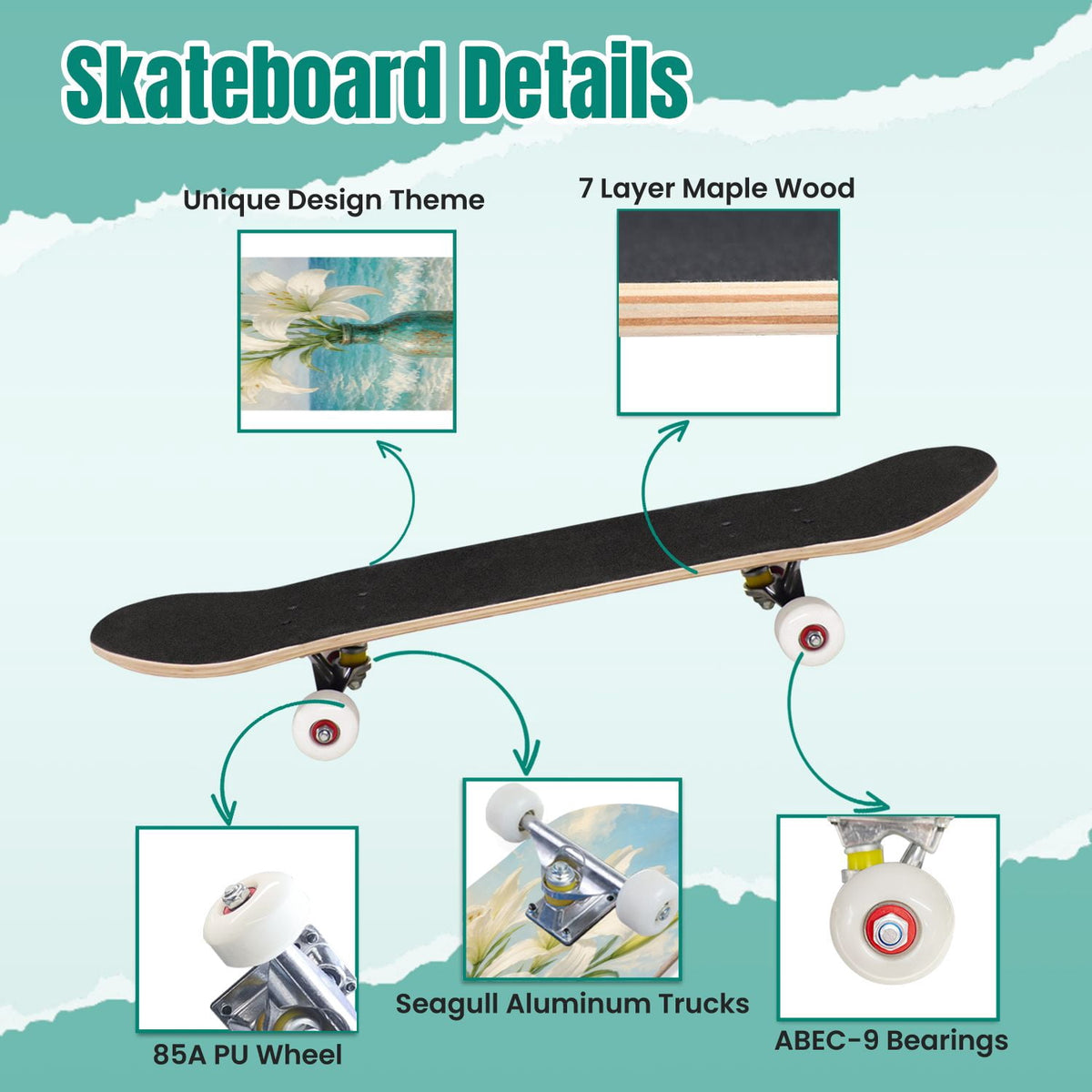 White Birch Tree Bark Natural Knots Horizontal Lines 31" x 8" Complete Skateboard, 7-Ply Canadian Maple Double Kick Trick Board for Kids and Beginners Adult Gifts