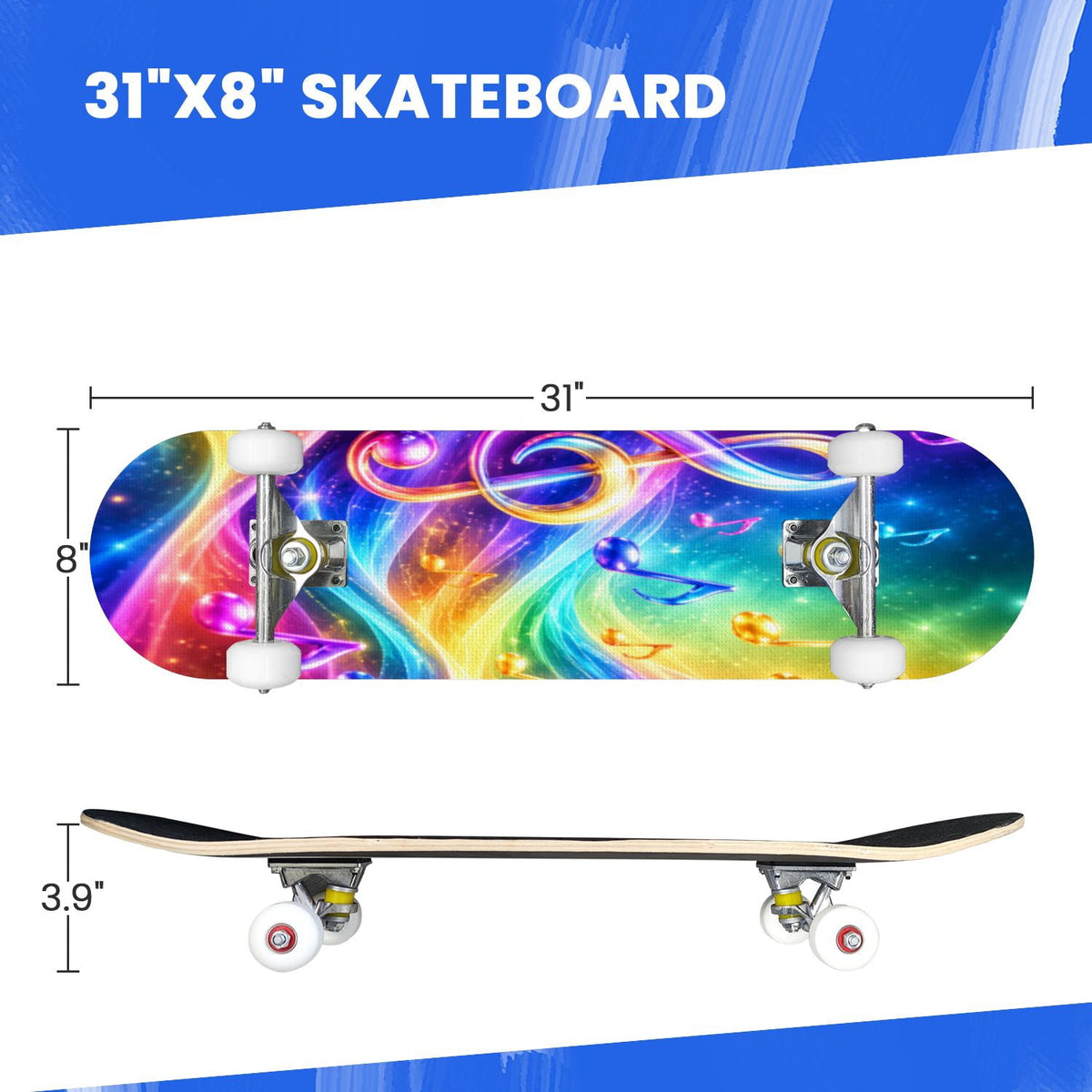Complete Skateboard Vibrant Multicolored Abstract 31 Inch 7-Ply Maple Skateboard with PU Wheels and Aluminum Trucks, Ready-to-Ride Skateboard for Beginners, Teens and Adults