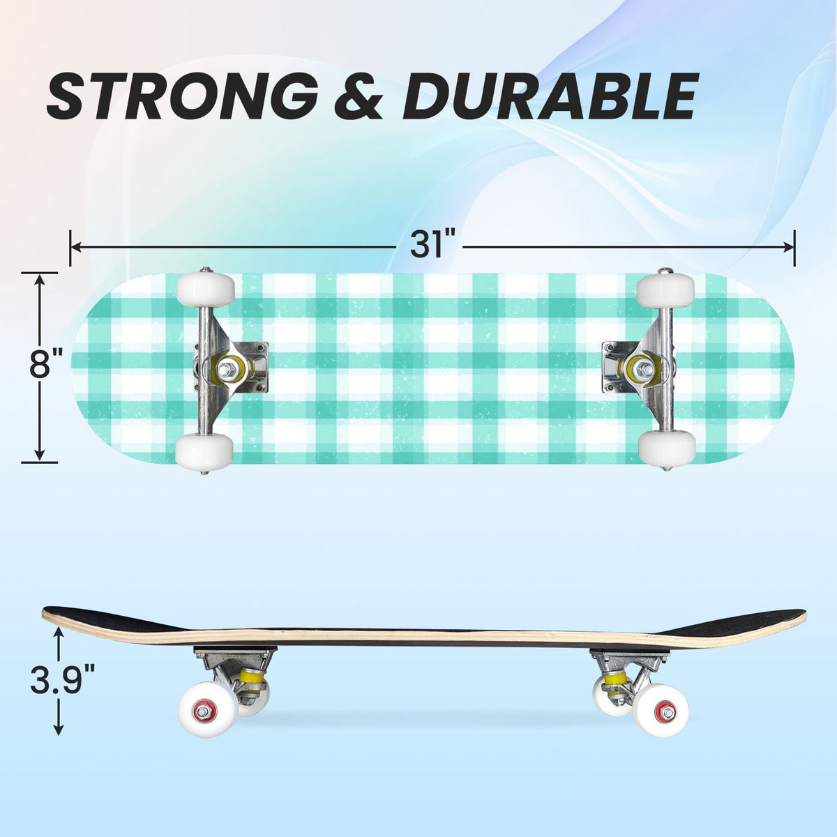 31"x8" Complete Skateboards for Beginners,Mint Green White Plaid Tartan Subtle Double Kick 7 Ply Canadian Maple Deck Skateboard with Wheels, Gifts for Kids Teens