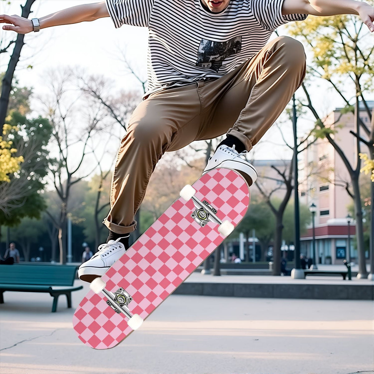 31"x8" Complete Skateboards for Beginners,Black Pink Checkered Retro Aesthetic Double Kick 7 Ply Canadian Maple Deck Skateboard with Wheels, Gifts for Kids Teens