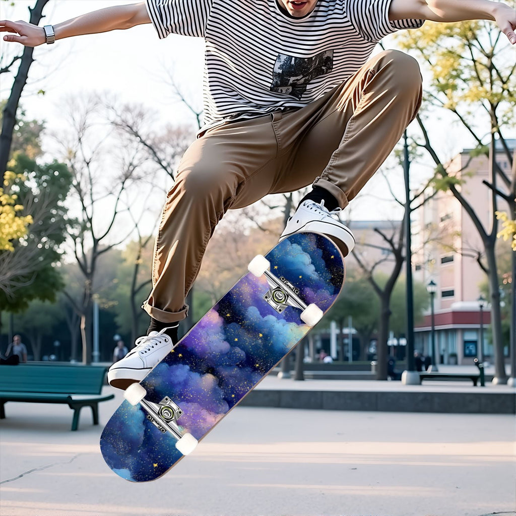 31"x8" Complete Skateboards for Beginners, Pastel Clouds Sparkles Dreamy Gradient Sky Summer Decor Double Kick 7 Ply Canadian Maple Deck Skateboard with Wheels, Gifts for Kids Teens
