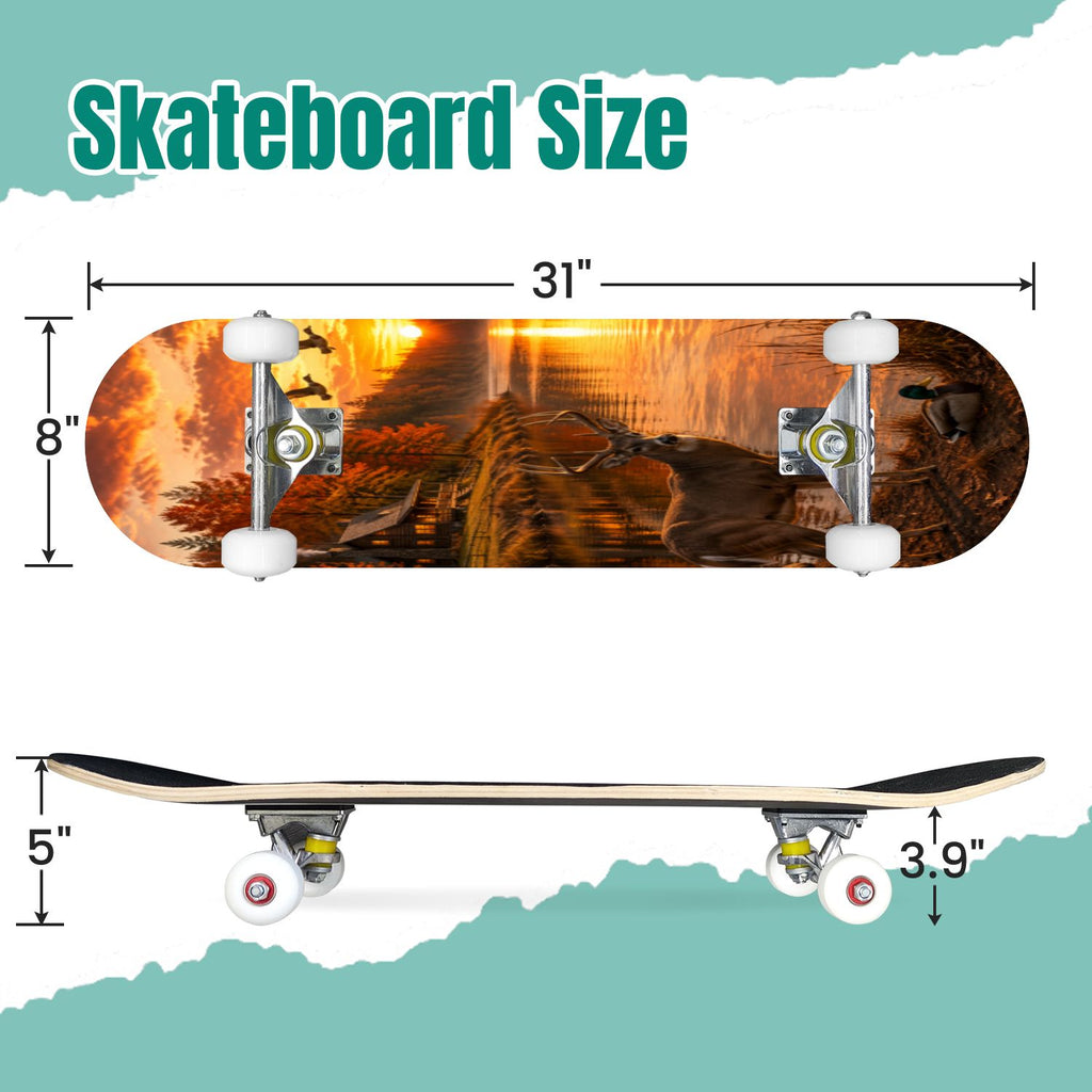3D Nude Visual Effect Yellowish Brown Layered Chrysanthemum 31" x 8" Complete Skateboard, 7-Ply Canadian Maple Double Kick Trick Board for Kids and Beginners Adult Gifts