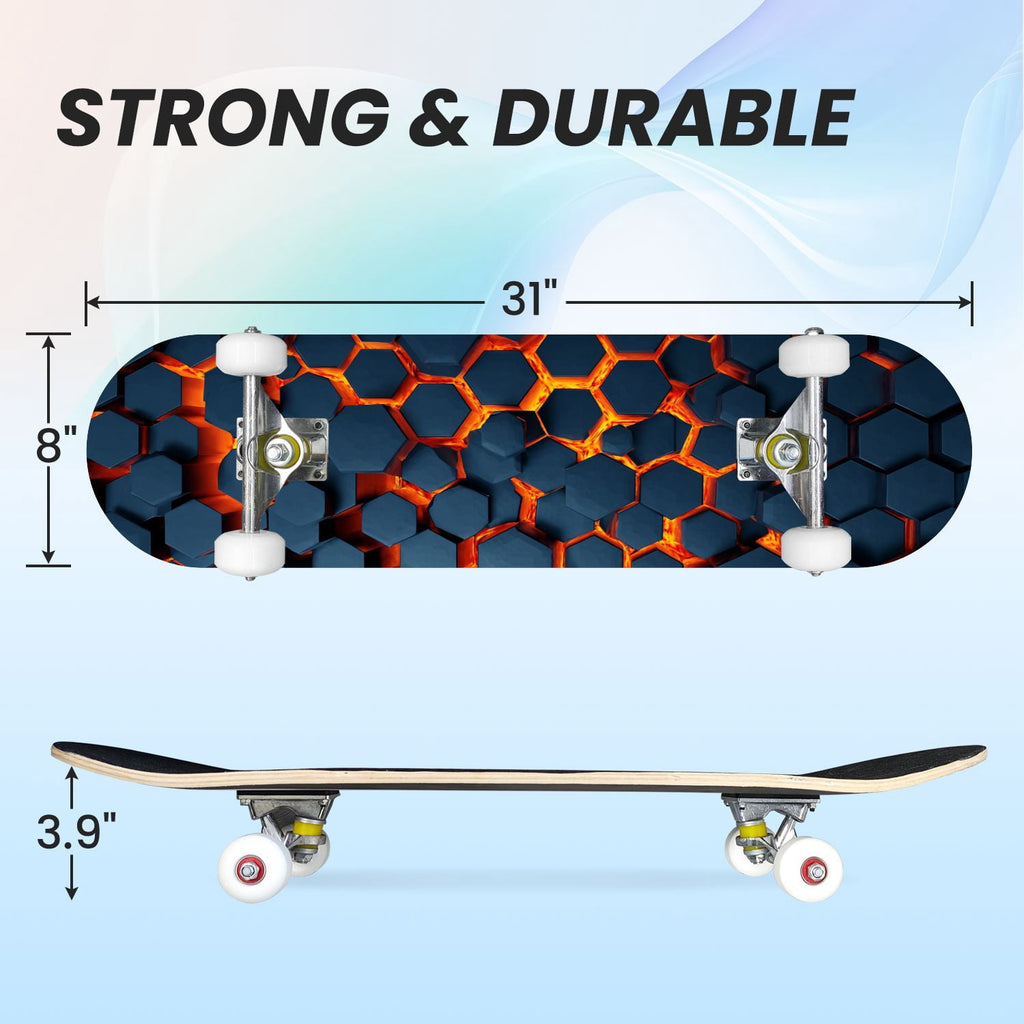 31"x8" Complete Skateboards for Beginners,Geometric Hexagon Glowing Neon Blue Purple Double Kick 7 Ply Canadian Maple Deck Skateboard with Wheels, Gifts for Kids Teens