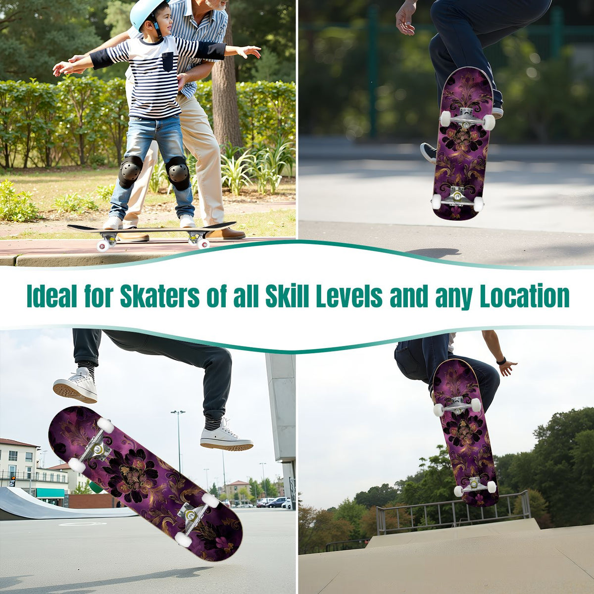 Monstera Leaves Leopard Print Seamless Earth Tones 31" x 8" Complete Skateboard, 7-Ply Canadian Maple Double Kick Trick Board for Kids and Beginners Adult Gifts