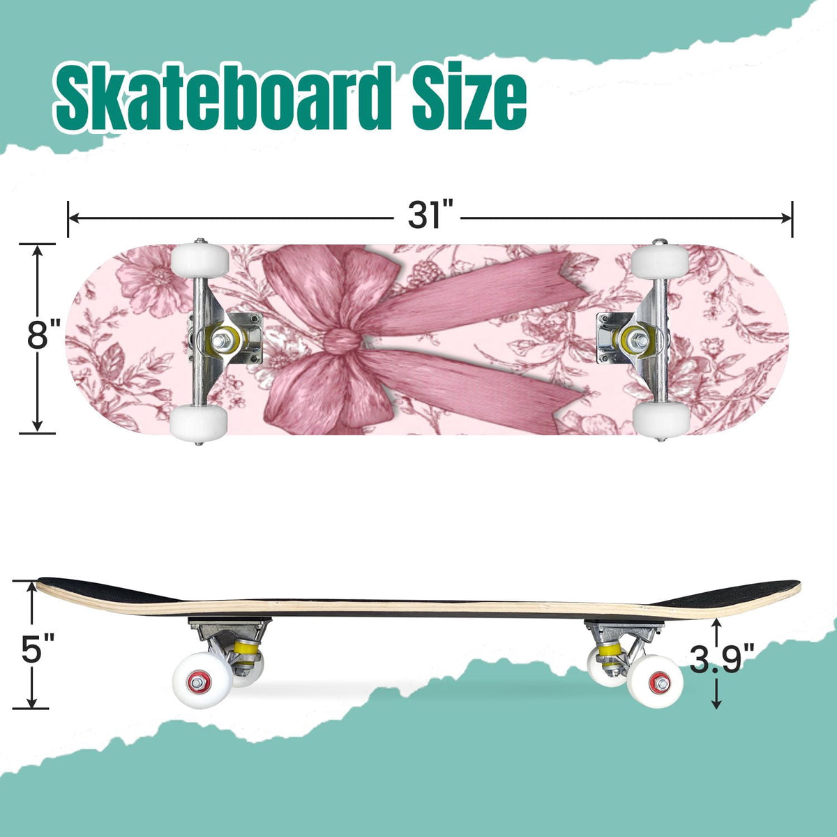 Golden Floral Line Art Seamless 31" x 8" Complete Skateboard, 7-Ply Canadian Maple Double Kick Trick Board for Kids and Beginners Adult Gifts