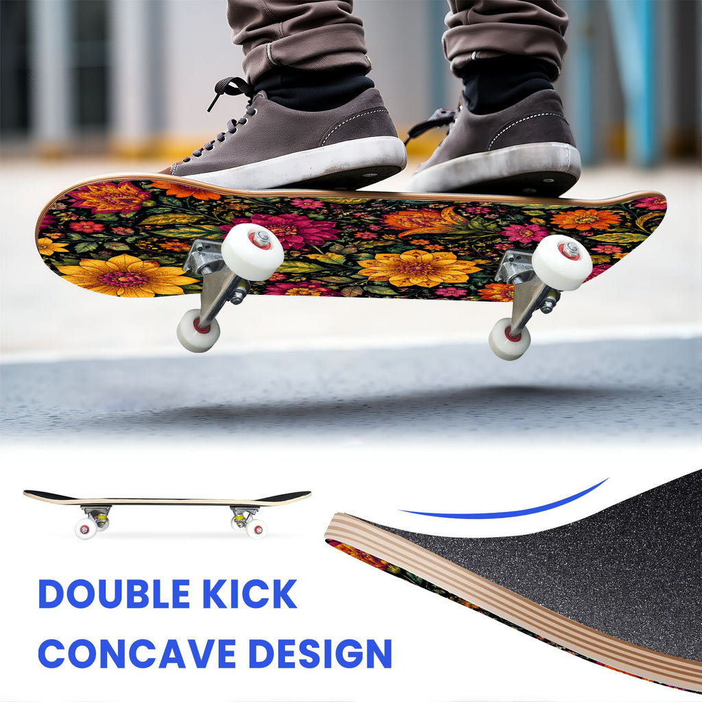 31"x8" Complete Skateboards for Beginners, Colorful Sugar Skulls Floral Patterns Mexican Double Kick 7 Ply Canadian Maple Deck Skateboard with Wheels, Gifts for Kids Teens