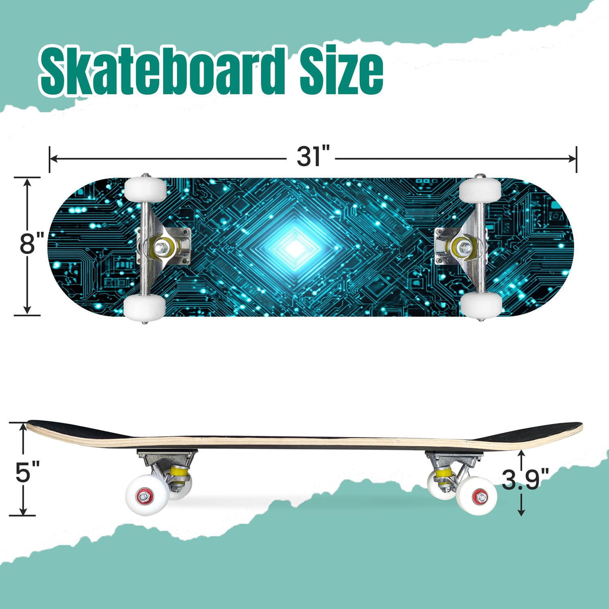 Futuristic Blue Abstract Technology Glowing Core 31" x 8" Complete Skateboard, 7-Ply Canadian Maple Double Kick Trick Board for Kids and Beginners Adult Gifts