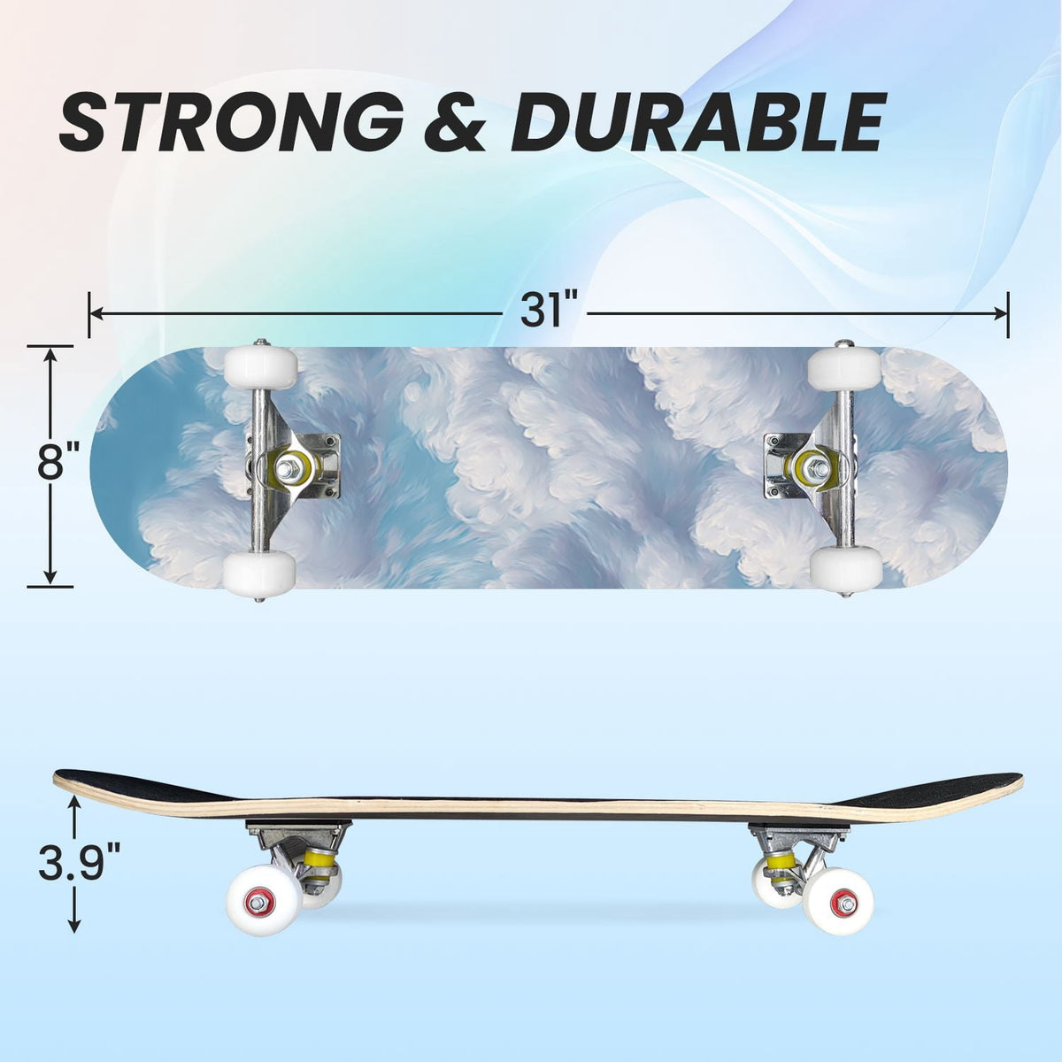 31"x8" Complete Skateboards for Beginners, Pastel Clouds Sparkles Dreamy Gradient Sky Summer Decor Double Kick 7 Ply Canadian Maple Deck Skateboard with Wheels, Gifts for Kids Teens