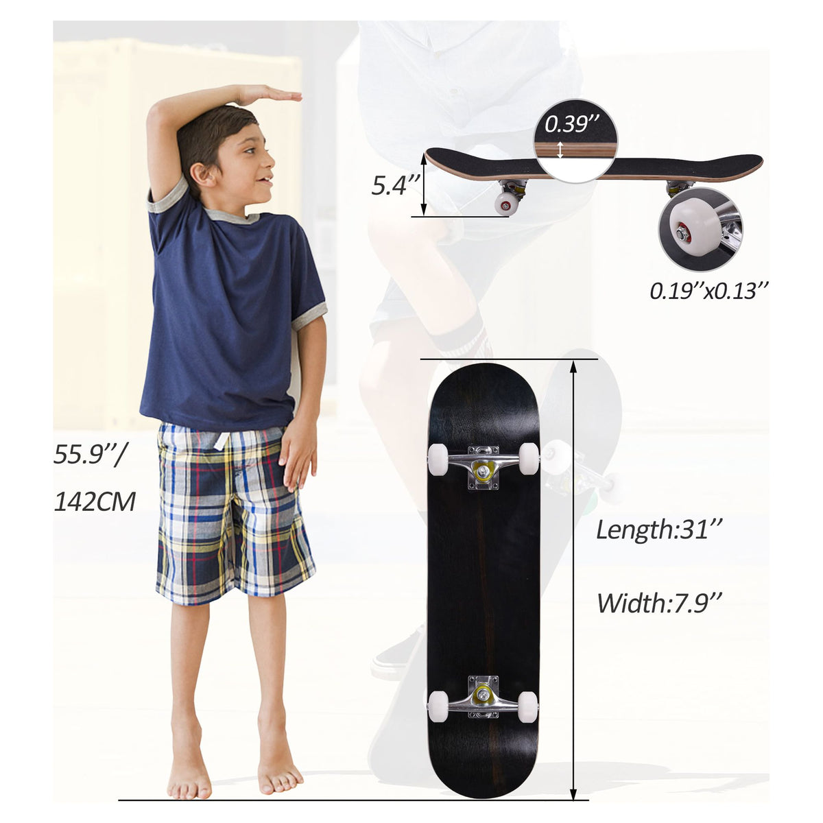 JAXPETY Blank Complete Skateboard, Stained Black (31 In. x 7.75 In.)