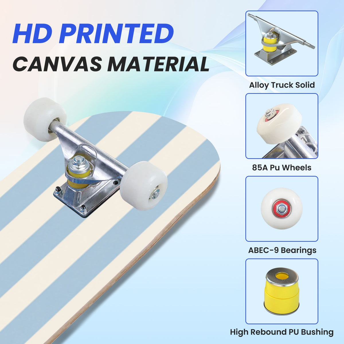 31"x8" Complete Skateboards for Beginners, Soft Blue Cream Striped Design Double Kick 7 Ply Canadian Maple Deck Skateboard with Wheels, Gifts for Kids Teens