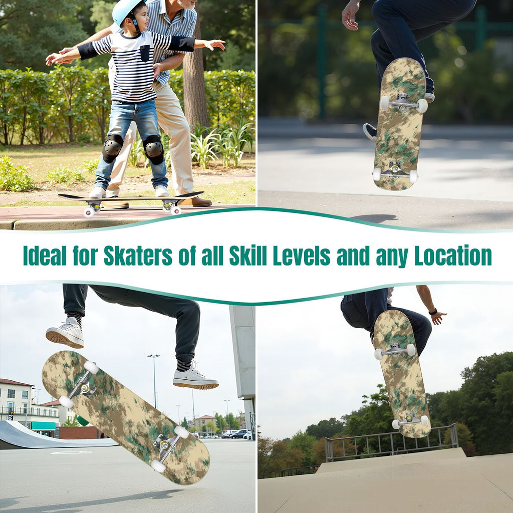 31"x8" Complete Skateboards for Beginners,Abstract Natural Earthy Tones Brush Strokes Camouflage Double Kick 7 Ply Canadian Maple Deck Skateboard with Wheels, Gifts for Kids Teens