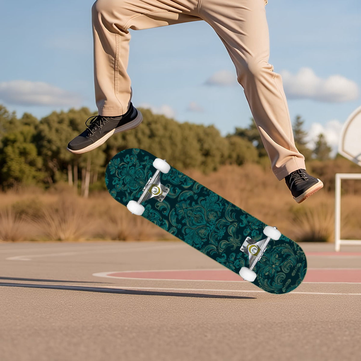 Elegant Purple Damask 31" x 8" Complete Skateboard, 7-Ply Canadian Maple Double Kick Trick Board for Kids and Beginners Adult Gifts
