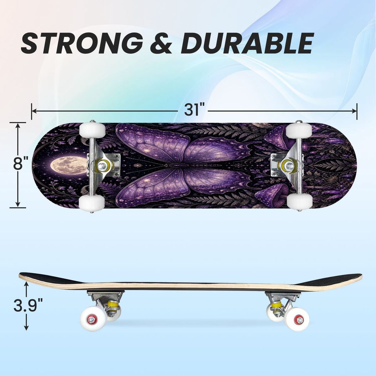 31"x8" Complete Skateboards for Beginners, Butterfly Garden Vintage Botanical Motifs Dark Green Teal Double Kick 7 Ply Canadian Maple Deck Skateboard with Wheels, Gifts for Kids Teens