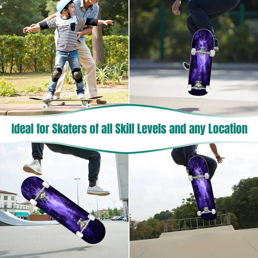 31"x8" Complete Skateboards for Beginners, Colorful Mushroom Floral Magical Night Forest Vintage Double Kick 7 Ply Canadian Maple Deck Skateboard with Wheels, Gifts for Kids Teens