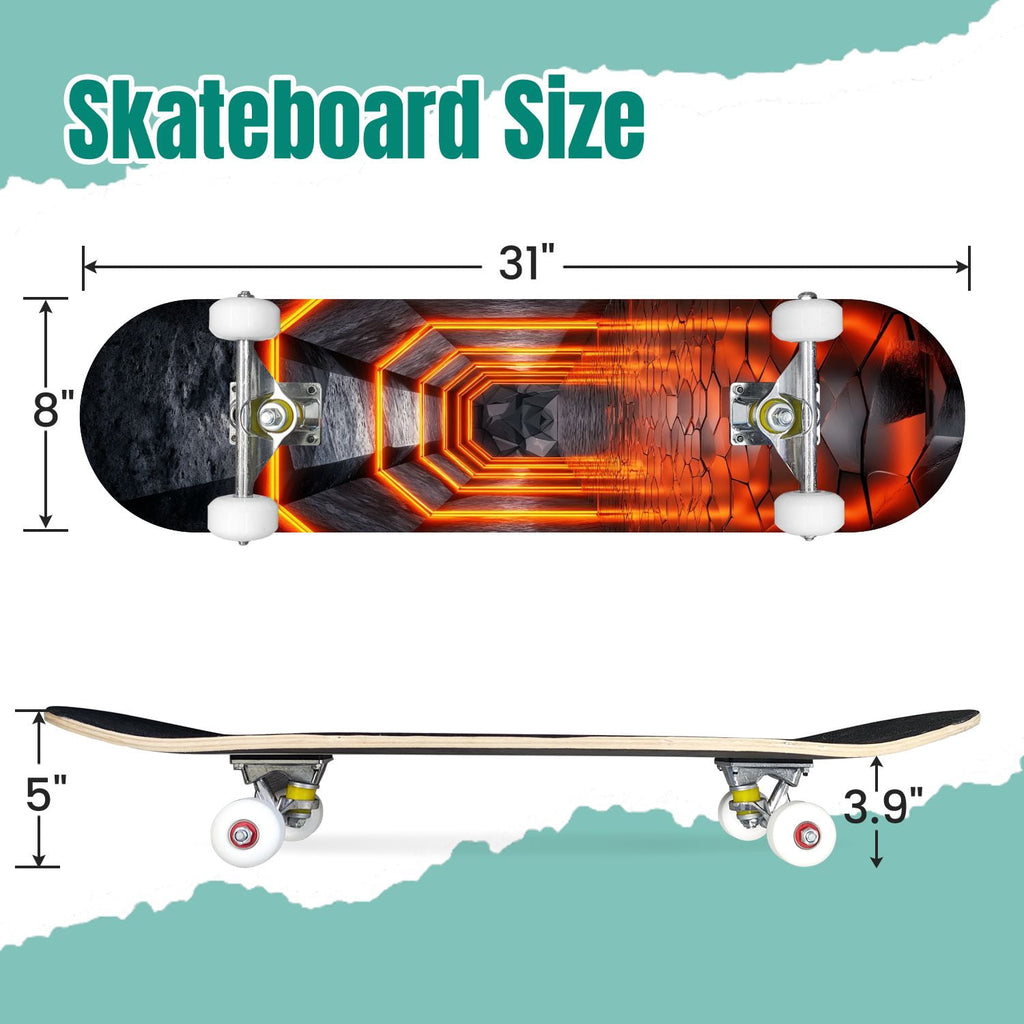 Futuristic Glowing Orange Neon Lines Dark Metallic Panels 31" x 8" Complete Skateboard, 7-Ply Canadian Maple Double Kick Trick Board for Kids and Beginners Adult Gifts