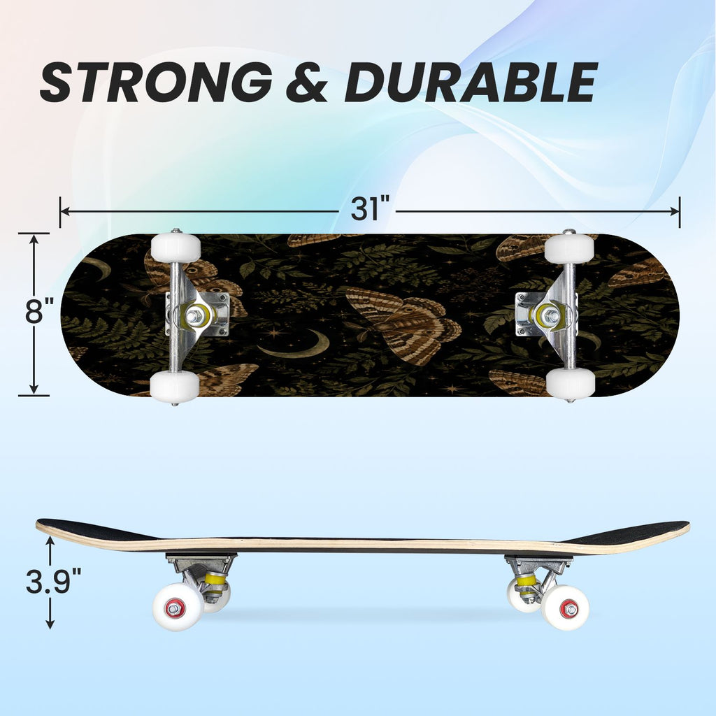 31"x8" Complete Skateboards for Beginners, Colorful Butterfly Blooming Flowers Under Full Moon Starry Double Kick 7 Ply Canadian Maple Deck Skateboard with Wheels, Gifts for Kids Teens
