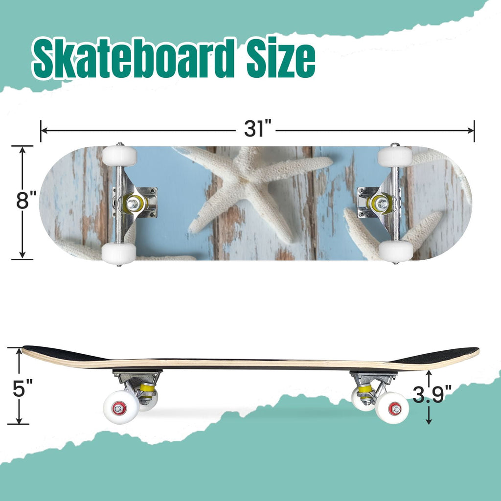 Tropical Jungle Leaf Teal Green Botanical 31" x 8" Complete Skateboard, 7-Ply Canadian Maple Double Kick Trick Board for Kids and Beginners Adult Gifts