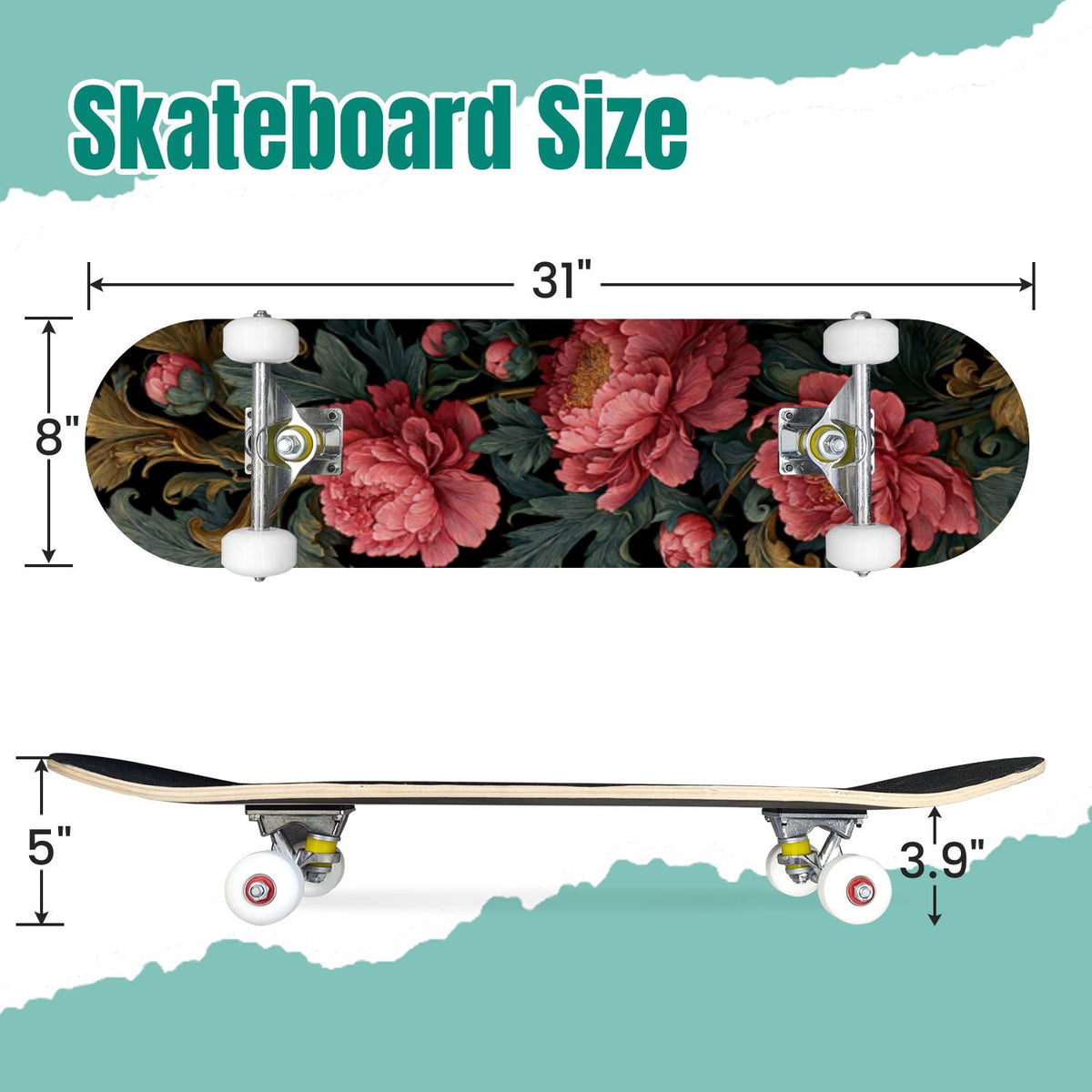 Botanical Birds Lemons Flowers Blue 31" x 8" Complete Skateboard, 7-Ply Canadian Maple Double Kick Trick Board for Kids and Beginners Adult Gifts