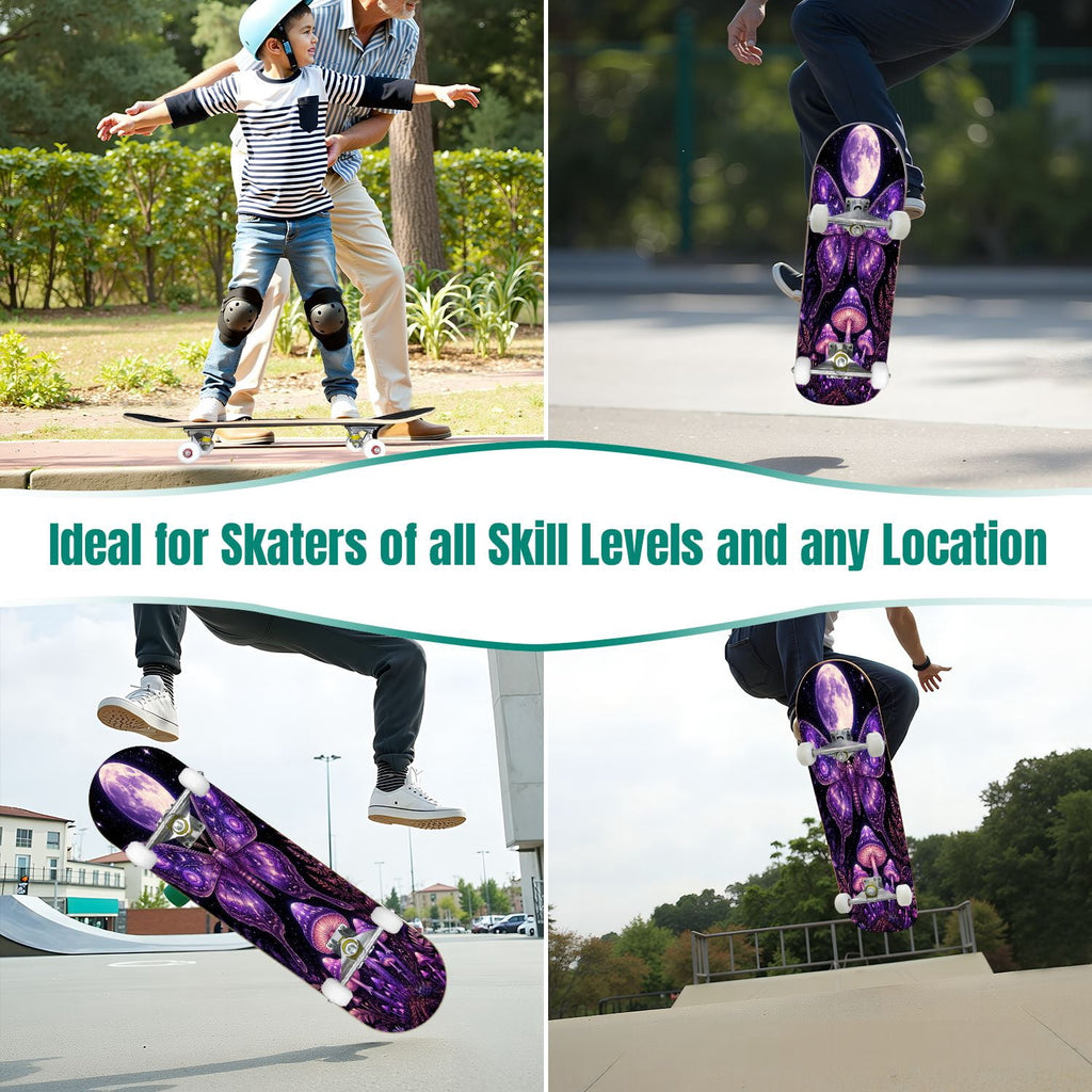 31"x8" Complete Skateboards for Beginners, Mystical Purple Butterfly Glowing Mushrooms Under Full Moon Double Kick 7 Ply Canadian Maple Deck Skateboard with Wheels, Gifts for Kids Teens