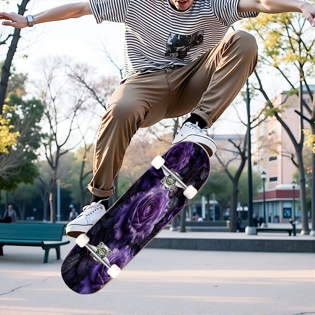 31"x8" Complete Skateboards for Beginners, Vibrant Purple Teal Floral Artwork Golden Accents Vintage Double Kick 7 Ply Canadian Maple Deck Skateboard with Wheels, Gifts for Kids Teens
