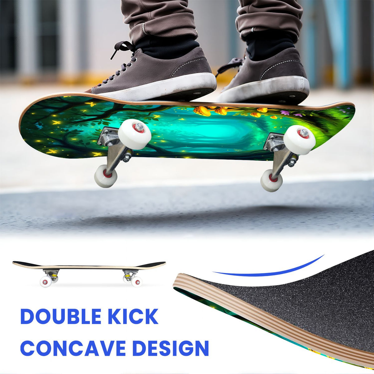 31"x8" Complete Skateboards for Beginners, Magical Forest Glowing Mushrooms Twinkling Fantasy Double Kick 7 Ply Canadian Maple Deck Skateboard with Wheels, Gifts for Kids Teens