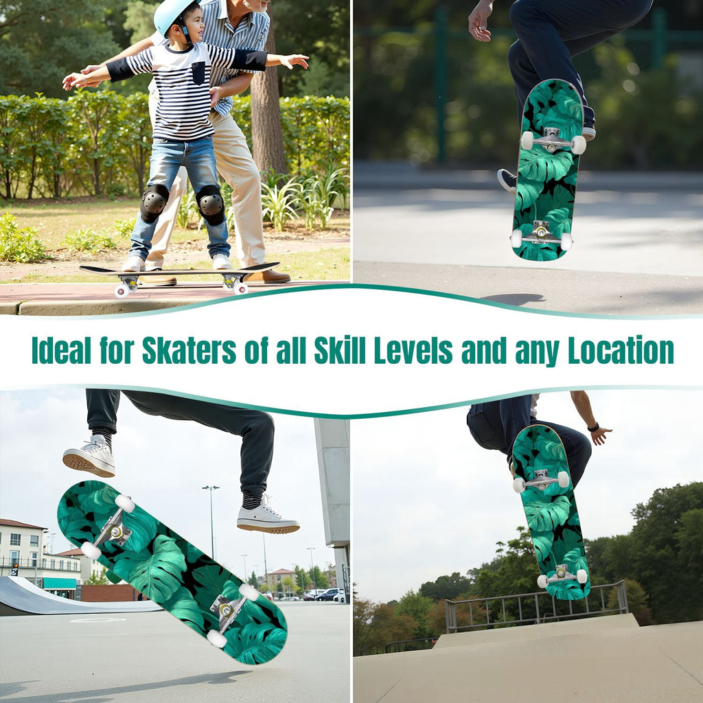 Tropical Jungle Leaf Teal Green Botanical 31" x 8" Complete Skateboard, 7-Ply Canadian Maple Double Kick Trick Board for Kids and Beginners Adult Gifts