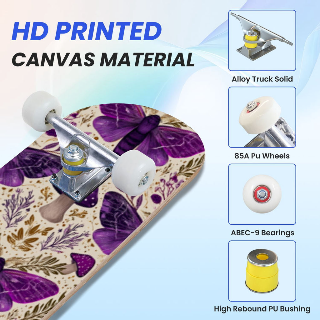 31"x8" Complete Skateboards for Beginners,Whimsical Blue Butterflies Green Foliage Dark Night Fantasy Double Kick 7 Ply Canadian Maple Deck Skateboard with Wheels, Gifts for Kids Teens