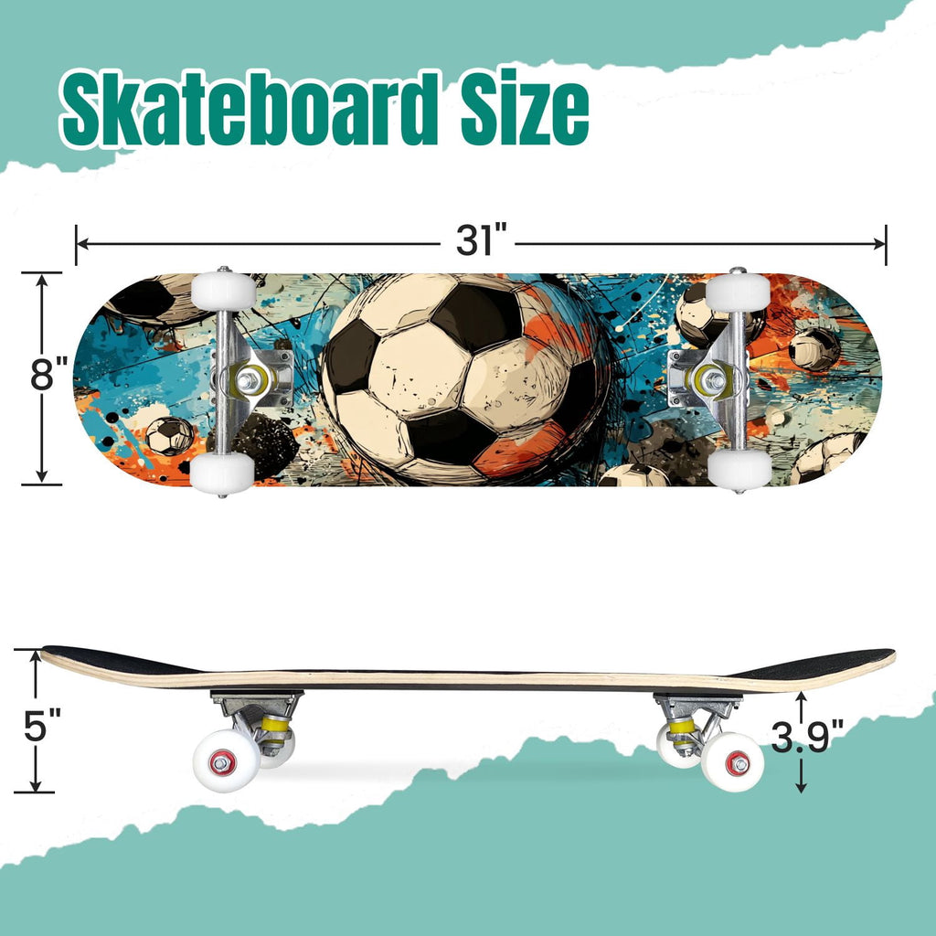 Dynamic Soccer Ball Explosion Energy Effects Stadium 31" x 8" Complete Skateboard, 7-Ply Canadian Maple Double Kick Trick Board for Kids and Beginners Adult Gifts