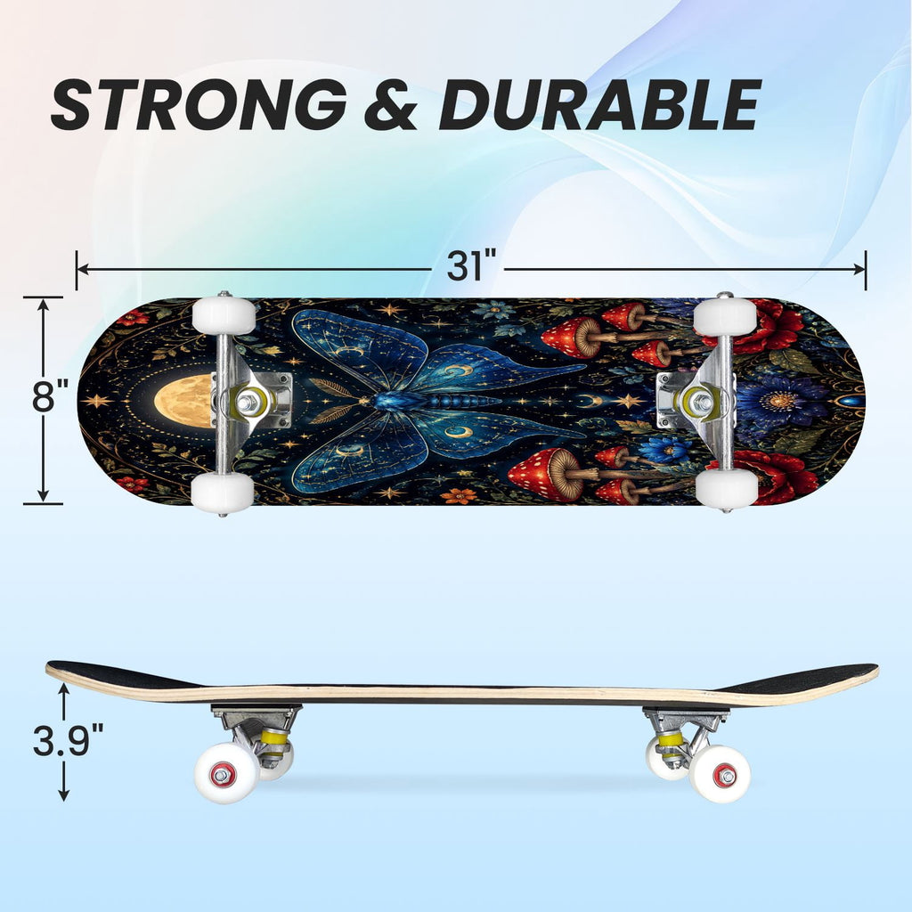 31"x8" Complete Skateboards for Beginners, Butterfly Garden Vintage Botanical Motifs Dark Green Teal Double Kick 7 Ply Canadian Maple Deck Skateboard with Wheels, Gifts for Kids Teens