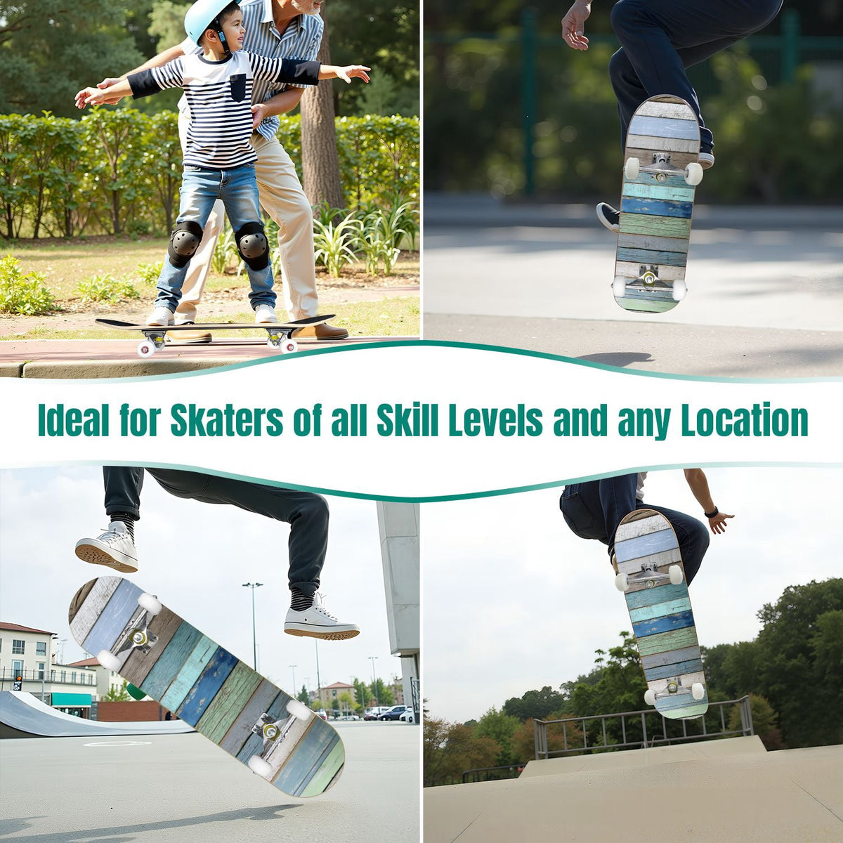 Seashells Starfish Sandy Beach Soft Lighting 31" x 8" Complete Skateboard, 7-Ply Canadian Maple Double Kick Trick Board for Kids and Beginners Adult Gifts