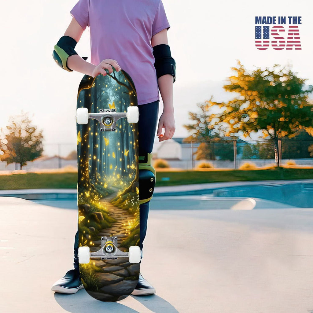 31"x8" Complete Skateboards for Beginners, Magical Forest Glowing Mushrooms Twinkling Fantasy Double Kick 7 Ply Canadian Maple Deck Skateboard with Wheels, Gifts for Kids Teens