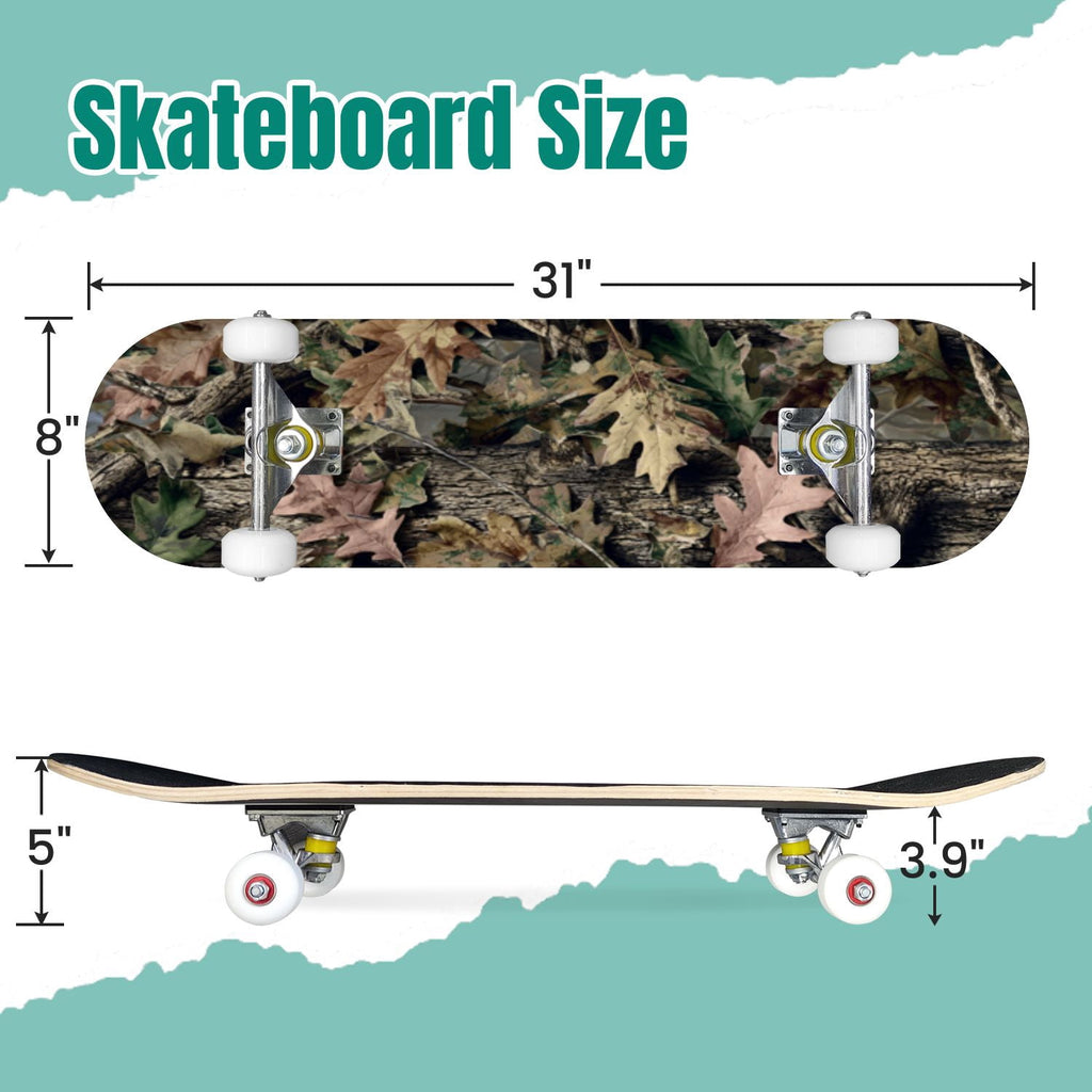 Botanical Embroidery Golden Green Leaves Black 31" x 8" Complete Skateboard, 7-Ply Canadian Maple Double Kick Trick Board for Kids and Beginners Adult Gifts