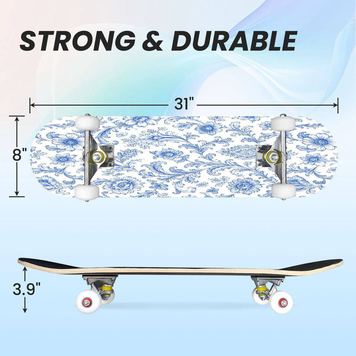 31"x8" Complete Skateboards for Beginners,Blue Botanical Leaf White Double Kick 7 Ply Canadian Maple Deck Skateboard with Wheels, Gifts for Kids Teens