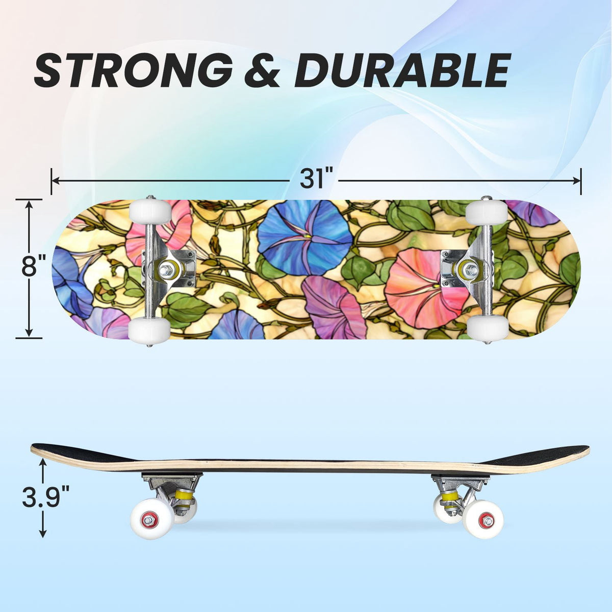 31"x8" Complete Skateboards for Beginners,Cartoon Hand Drawn Ice Cream Doodles Seamless Cones Cupcakes Double Kick 7 Ply Canadian Maple Deck Skateboard with Wheels, Gifts for Kids Teens