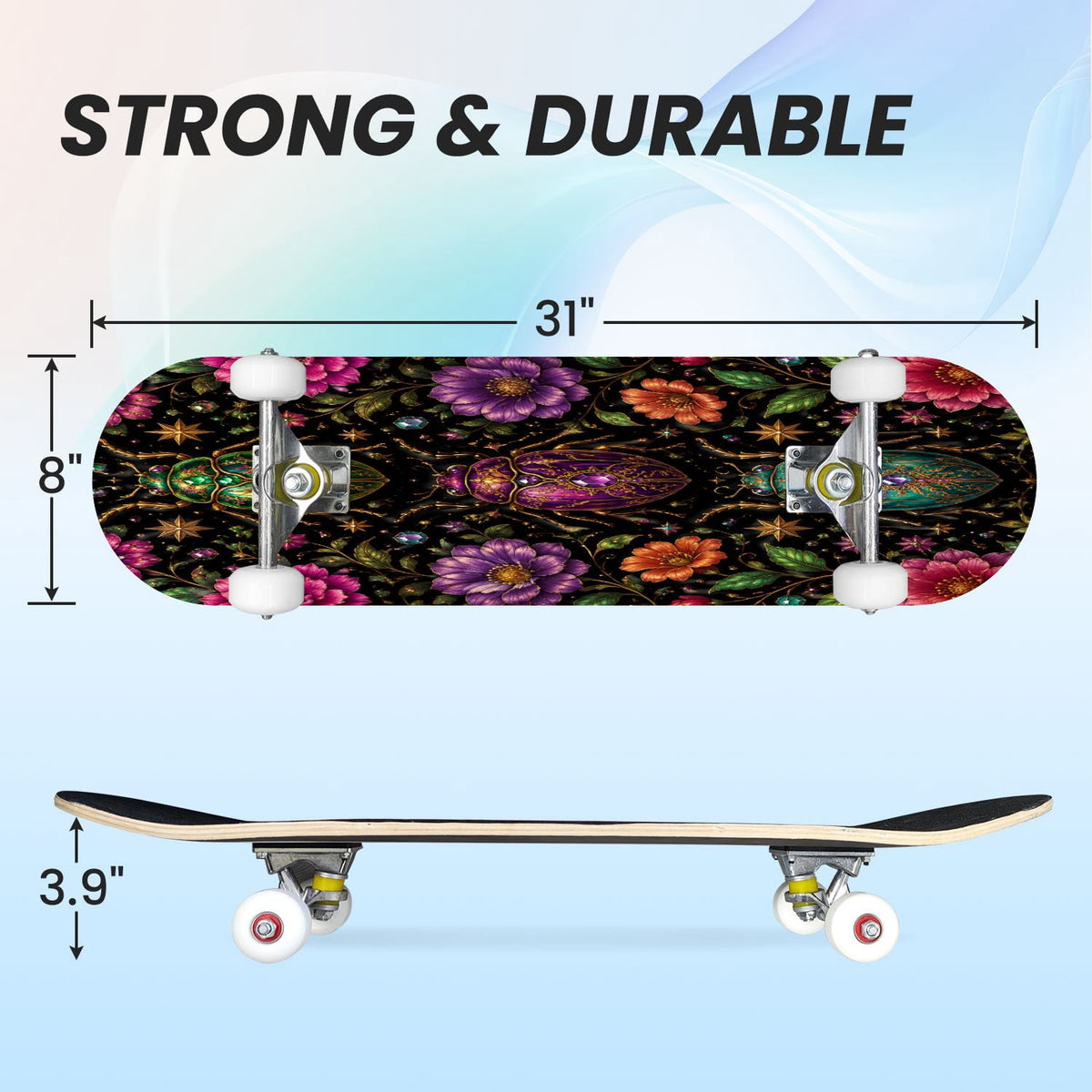 31"x8" Complete Skateboards for Beginners, Colorful Mushroom Floral Magical Night Forest Vintage Double Kick 7 Ply Canadian Maple Deck Skateboard with Wheels, Gifts for Kids Teens