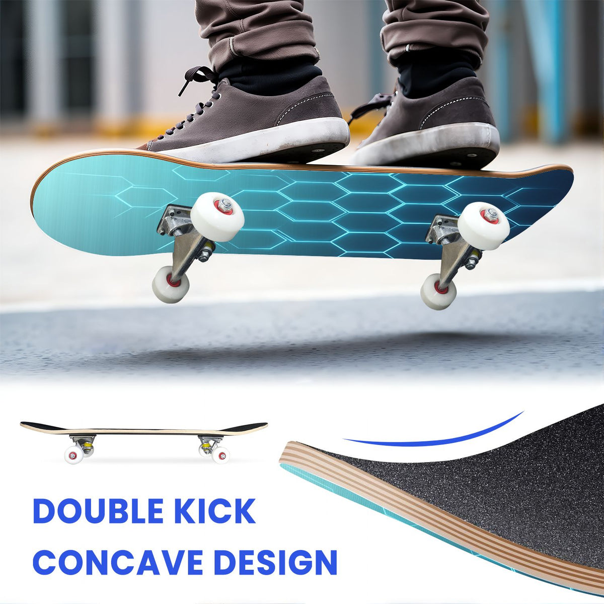 31"x8" Complete Skateboards for Beginners, Honeycomb Futuristic Hexagonal Neon Glowing Orange Light Double Kick 7 Ply Canadian Maple Deck Skateboard with Wheels, Gifts for Kids Teens