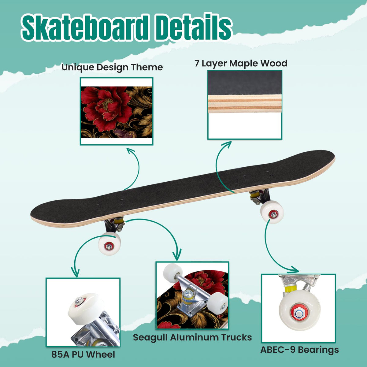 Vintage Movie Theater Classic Cinema 31" x 8" Complete Skateboard, 7-Ply Canadian Maple Double Kick Trick Board for Kids and Beginners Adult Gifts