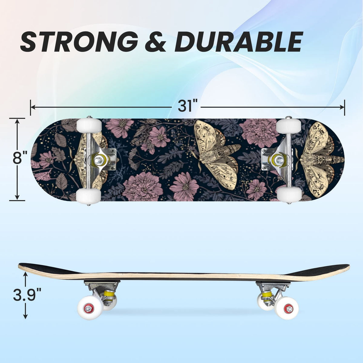 31"x8" Complete Skateboards for Beginners,Whimsical Blue Butterflies Green Foliage Dark Night Fantasy Double Kick 7 Ply Canadian Maple Deck Skateboard with Wheels, Gifts for Kids Teens