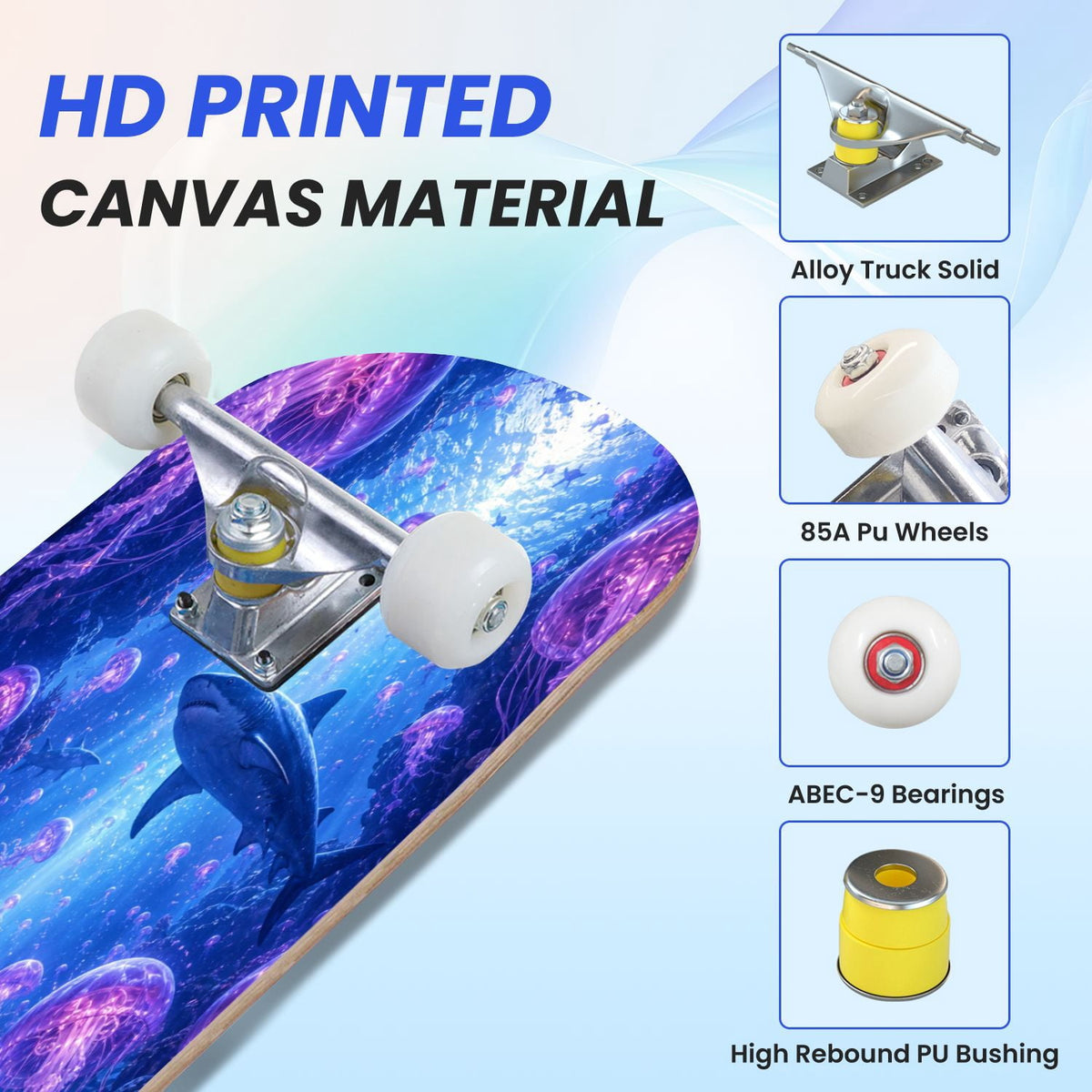 31"x8" Complete Skateboards for Beginners, Underwater Sharks Glowing Purple Jellyfish Marine Life Double Kick 7 Ply Canadian Maple Deck Skateboard with Wheels, Gifts for Kids Teens
