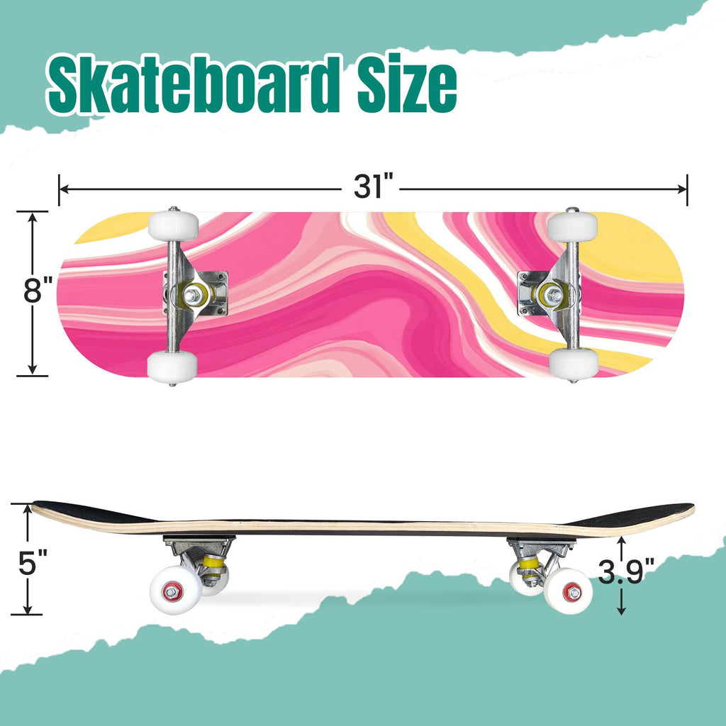 Pink Marble Fluid Abstract Design 31" x 8" Complete Skateboard, 7-Ply Canadian Maple Double Kick Trick Board for Kids and Beginners Adult Gifts