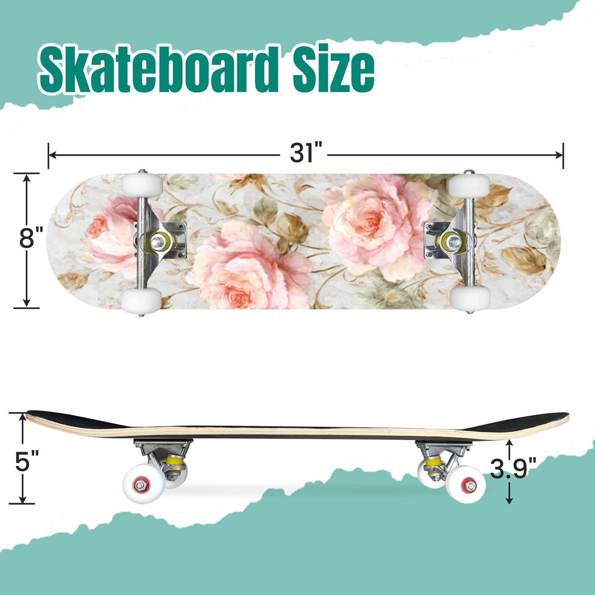 Vintage Floral Bird Sepia Tones 31" x 8" Complete Skateboard, 7-Ply Canadian Maple Double Kick Trick Board for Kids and Beginners Adult Gifts