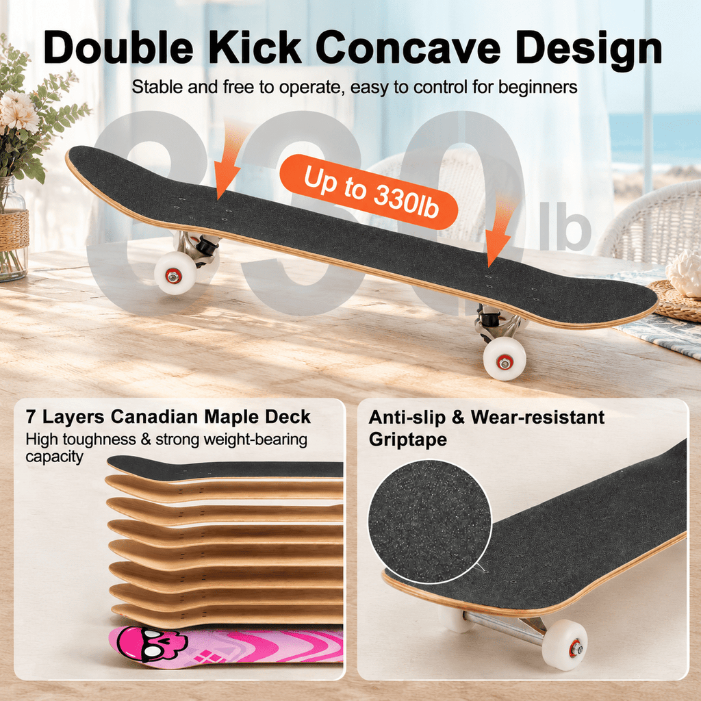 Checkerbot 31"x8" Standard Complete Skateboard with 7 Layer Canadian Maple for Beginners Adults Teens