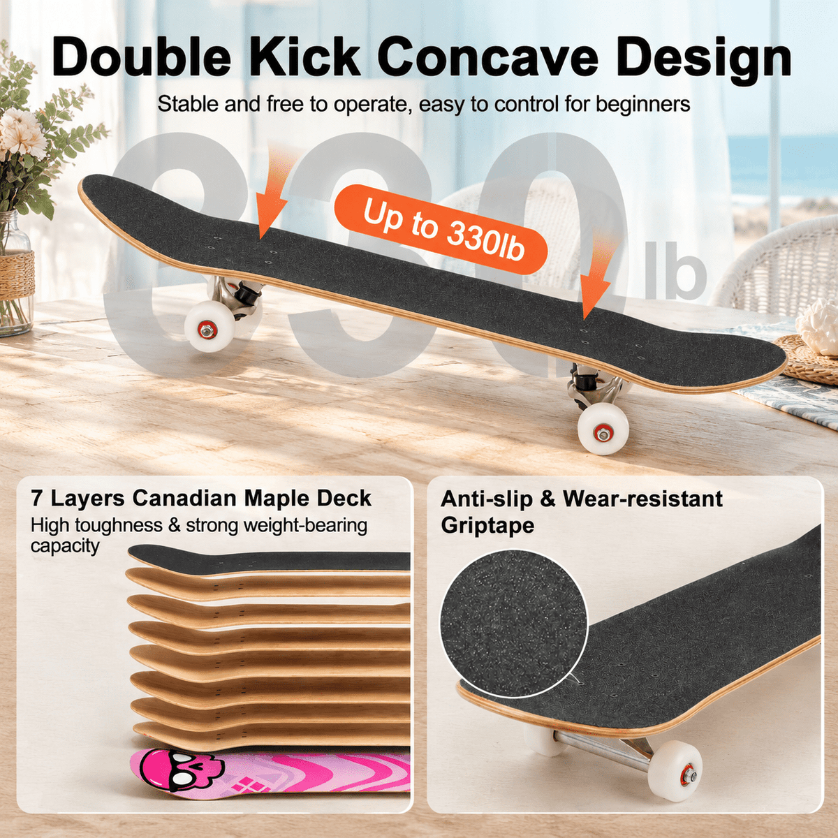 Checkerbot 31"x8" Standard Complete Skateboard with 7 Layer Canadian Maple for Beginners Adults Teens