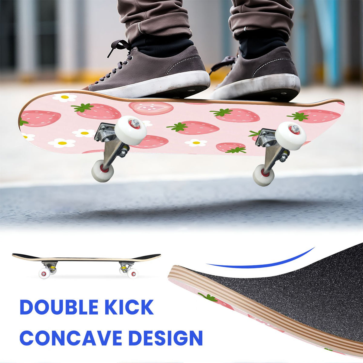 31"x8" Complete Skateboards for Beginners, Cherry Blossom Red Cherry Seamless Pink Botanical Double Kick 7 Ply Canadian Maple Deck Skateboard with Wheels, Gifts for Girls Teens