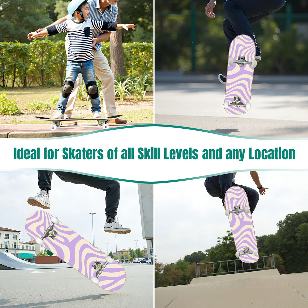 31"x8" Complete Skateboards for Beginners, Abstract Wavy Purple Beige Zebra Design Double Kick 7 Ply Canadian Maple Deck Skateboard with Wheels, Gifts for Kids Teens