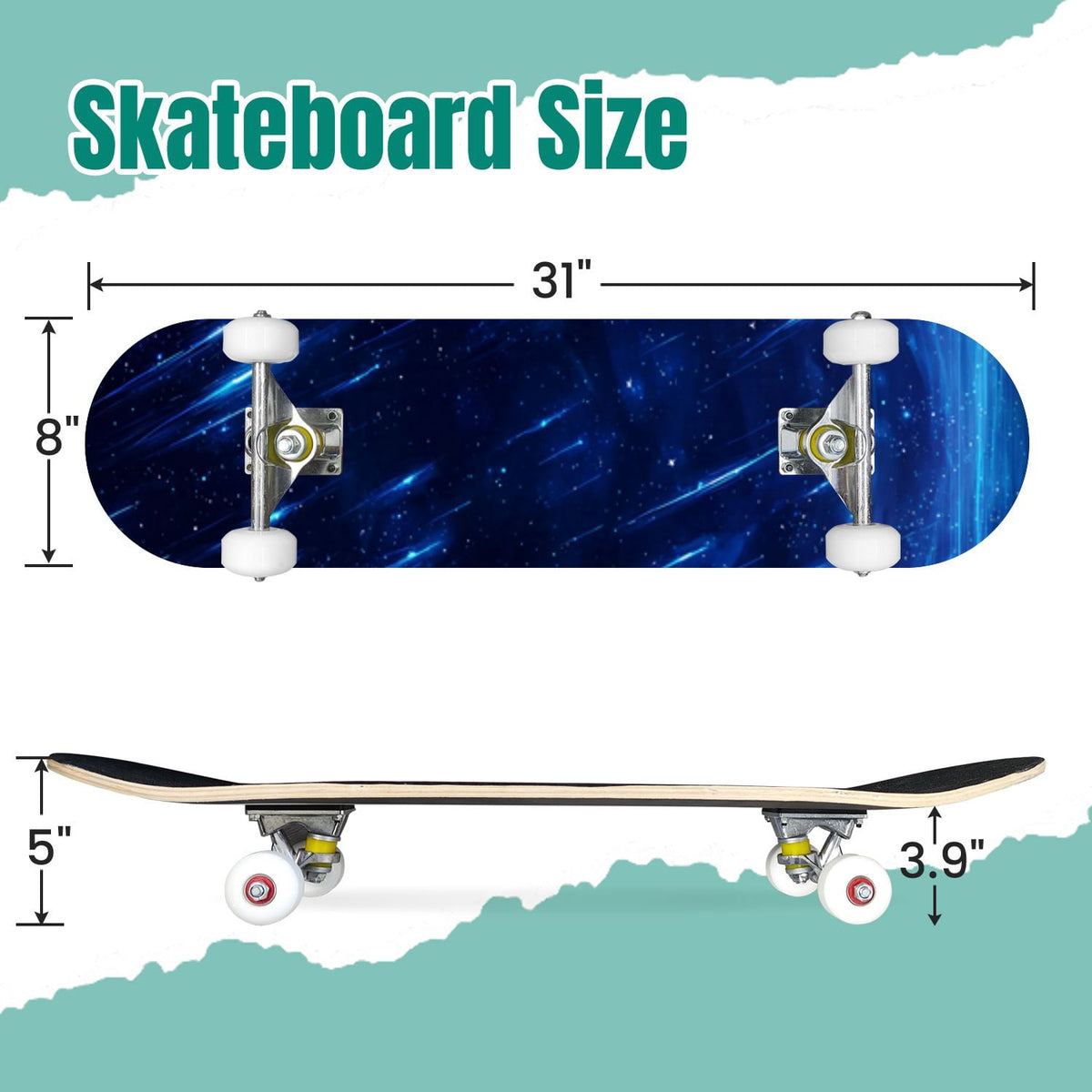 Vibrant Purple Blue Cosmic Galaxy Stars Nebula Clouds 31" x 8" Complete Skateboard, 7-Ply Canadian Maple Double Kick Trick Board for Kids and Beginners Adult Gifts