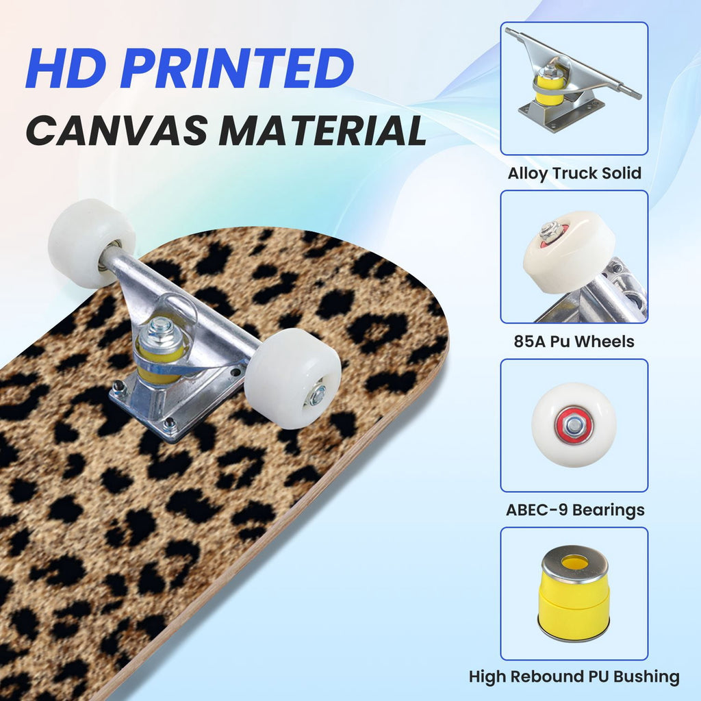 31"x8" Complete Skateboards for Beginners,Black Leopard Print Grey Double Kick 7 Ply Canadian Maple Deck Skateboard with Wheels, Gifts for Kids Teens