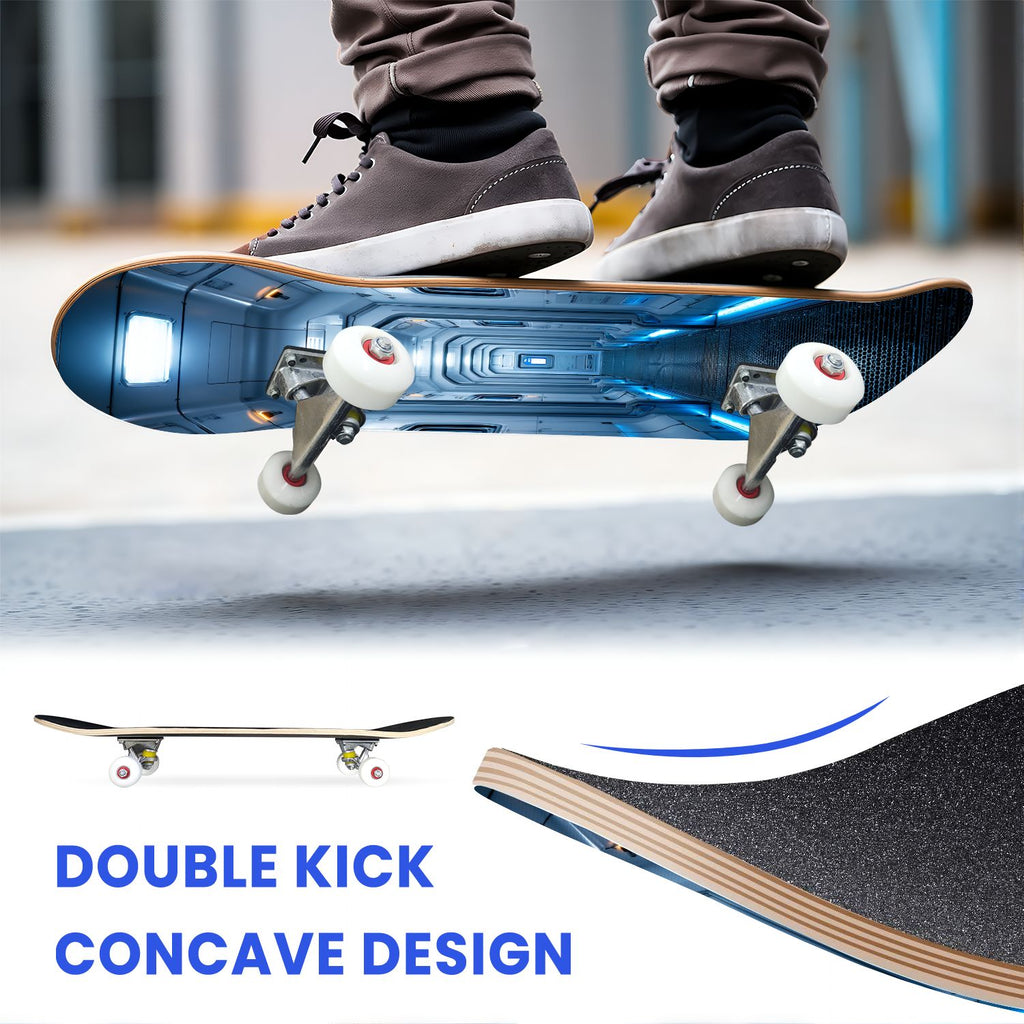 31"x8" Complete Skateboards for Beginners,Hexagon neon blue glow futuristic Double Kick 7 Ply Canadian Maple Deck Skateboard with Wheels, Gifts for Kids Teens
