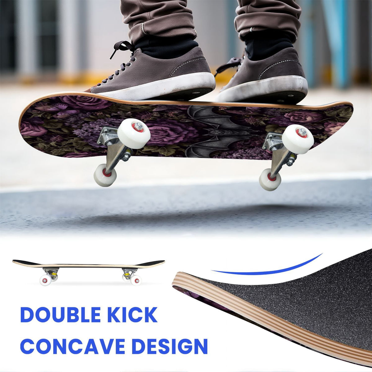 31"x8" Complete Skateboards for Beginners, Ethereal Night Garden Roses Starry Sky Dark Academia Double Kick 7 Ply Canadian Maple Deck Skateboard with Wheels, Gifts for Kids Teens